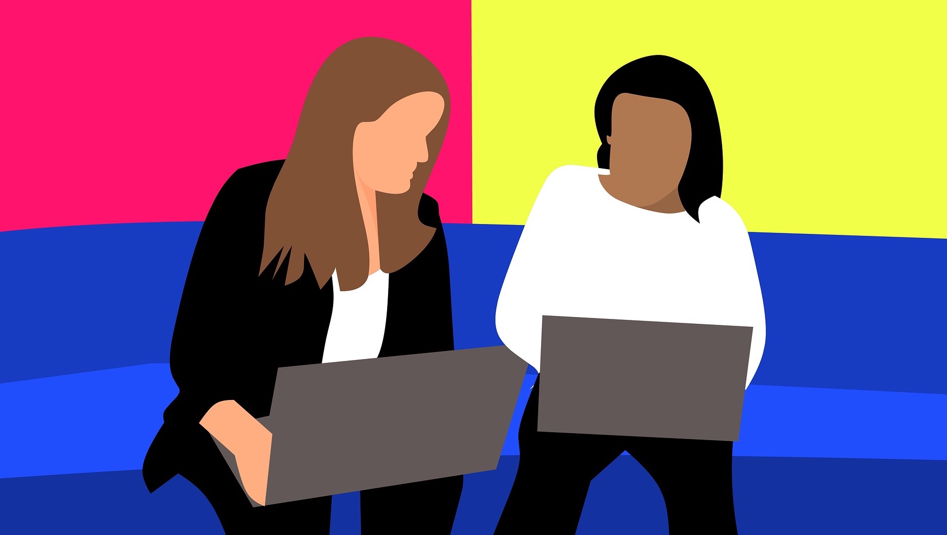 illustration of two women brainstorming on a sofa with laptops - picture courtesy Pixabay/ Mohamed Hassan