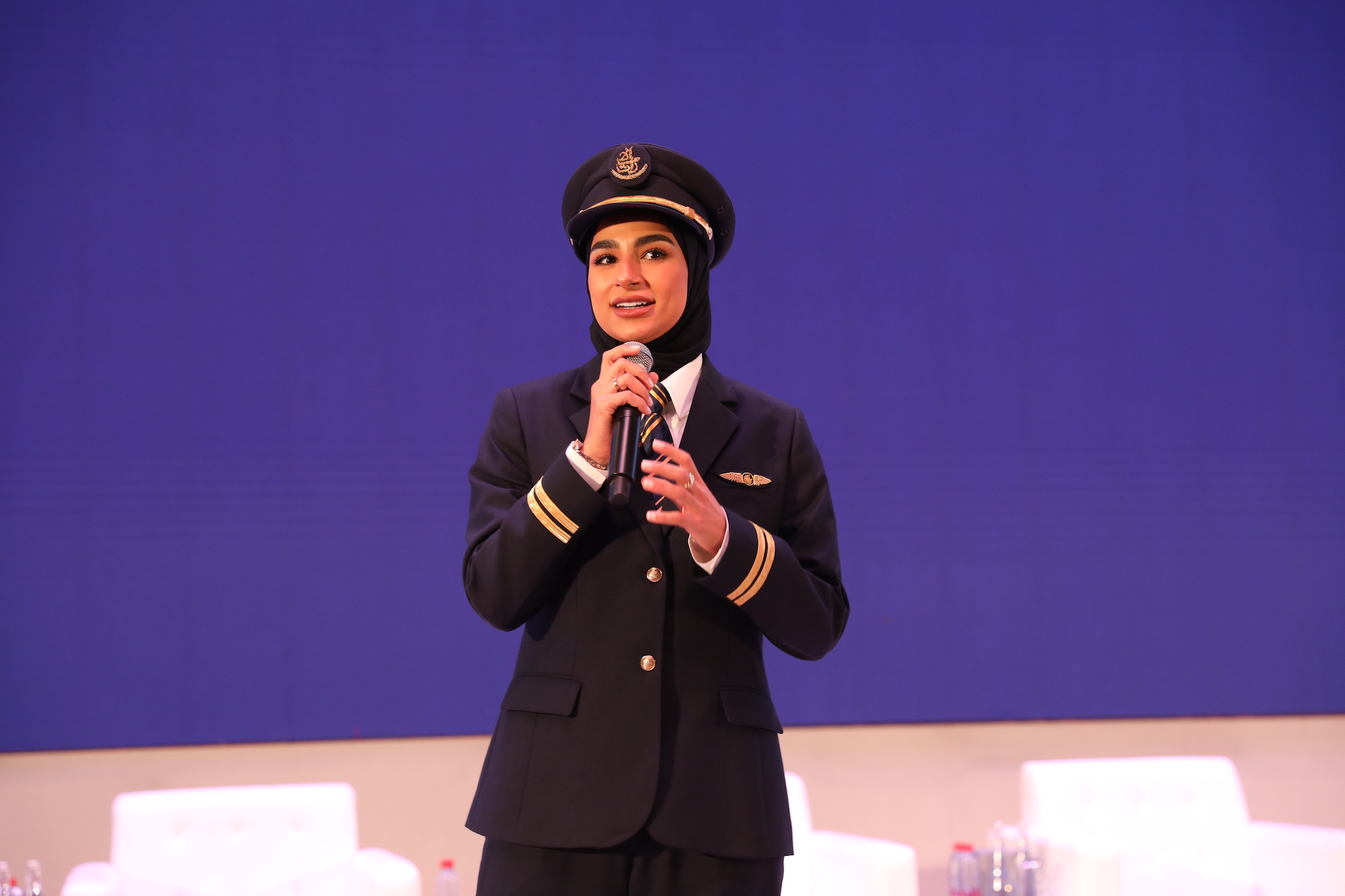 Female Captain Nouf Omar, an airline pilot at Emirates Airlines, speaks at Aurora50's The Inclusion Summit 2023 in Abu Dhabi on 9 November.