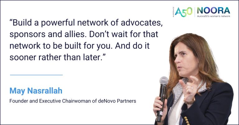 Image shows Aurora50 and NOORA logos (with tagline Aurora50's women's network) and an image of May Nasrallah, Founder and Executive Chairwoman of Dubai-based boutique corporate finance advisory firm deNovo Partners, with the quote text: “Build a powerful network of advocates, sponsors and allies. Don’t wait for that network to be built for you. And do it sooner rather than later."