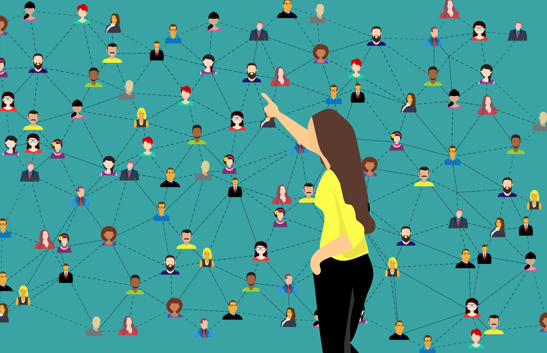 Illustration of a woman with long brown hair in a yellow top and black trousers pointing at a network of people on a teal-coloured wall. Image by Mohamed Hassan from Pixabay