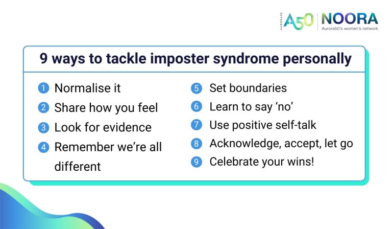 Image shows 9 ways to tackle imposter syndrome. Text reads: 1. Normalise it 2. Share how you feel 3. Look for evidence 4. Remember we’re all different 5. Set boundaries 6. Learn to say ‘no’ 7. Use positive self-talk 8. Acknowledge, accept… and let go 9. Celebrate your wins! Logo says Aurora50 NOORA - Aurora50's women's network