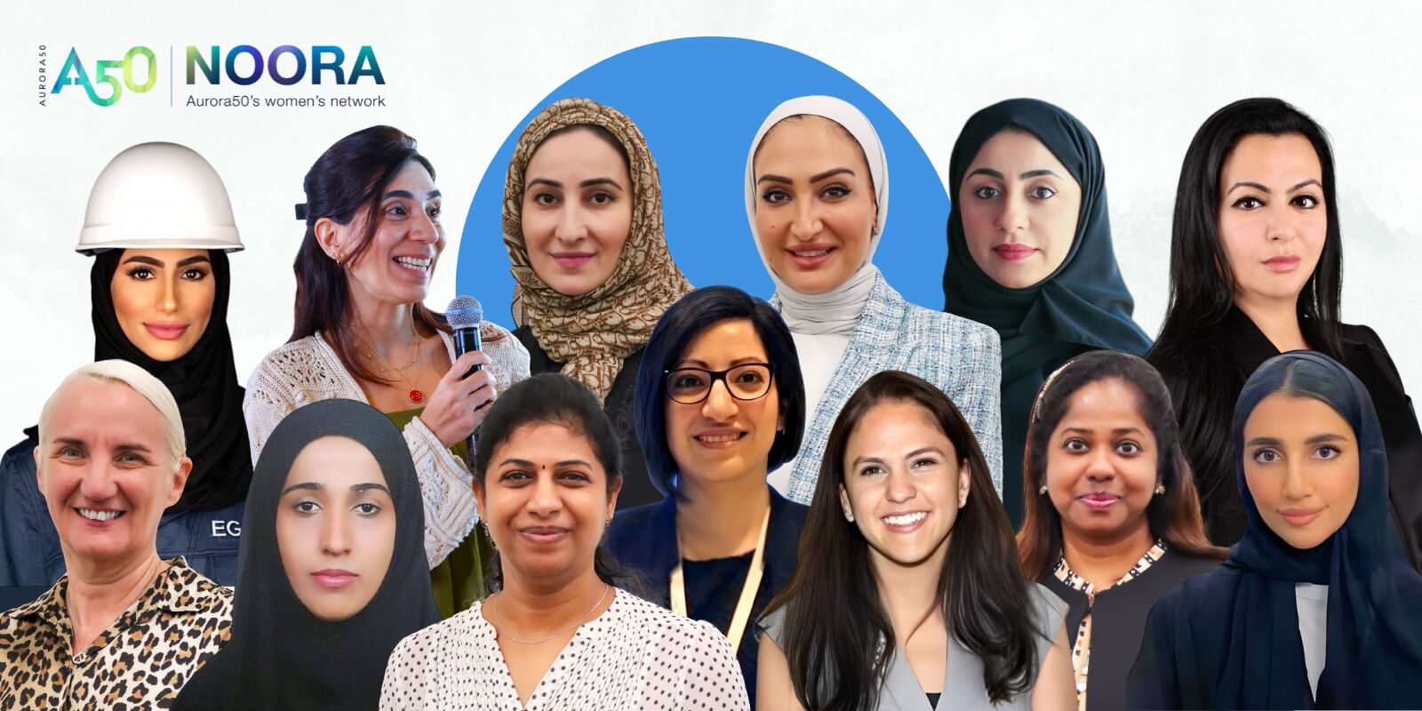 Image for blog post: What our members say about NOORA. Back (L-R) Elham Alawadhi, Roa El Bizri, Khadija Arsanova, Hala Al Safadi, Shurooq Altaher, Nada Al Zaroni. Front (L-R) Stephanie Walters, Samya Al Ghaithi, Mamatha Reddy, Rawan Ibrahim, Shruti Kapoor, Geethy Panicker, Noora Alsuwaidi. Image contains Aurora50 logo.