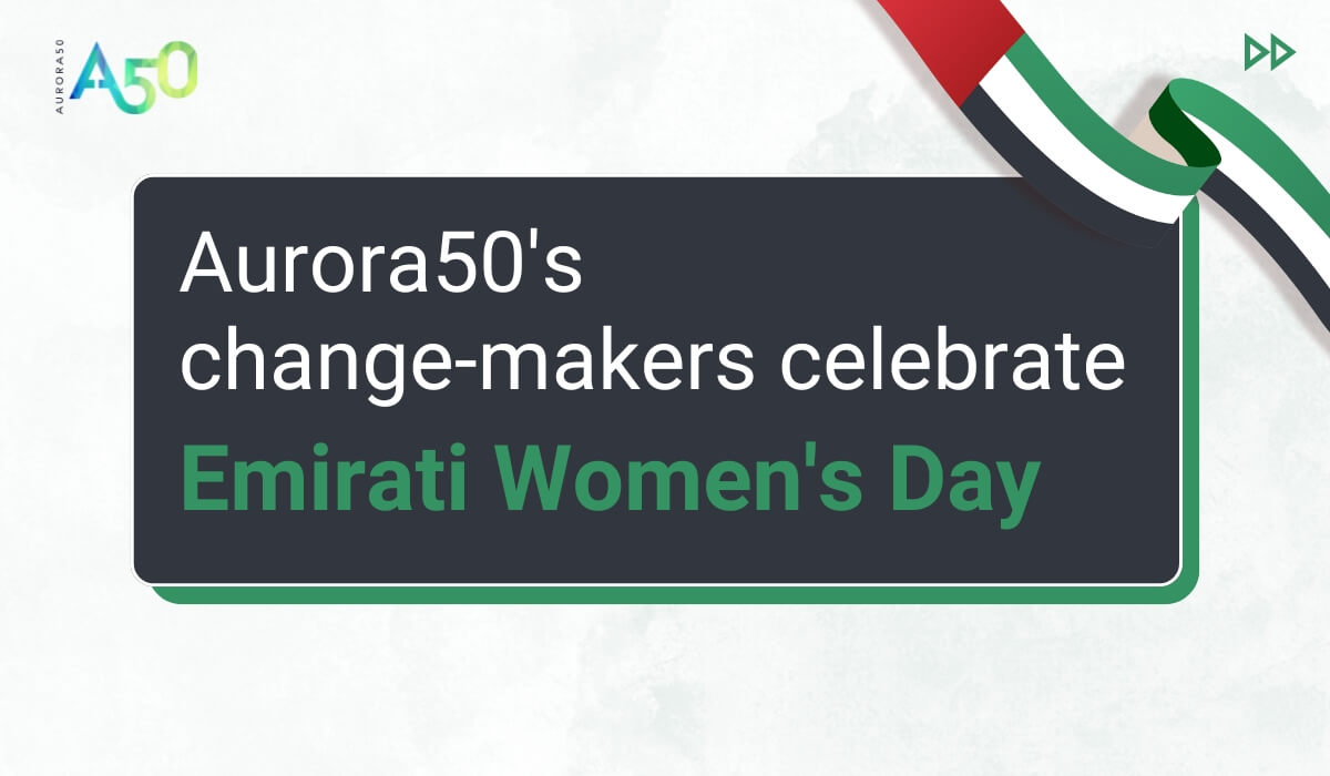 Cover image for blog post: Aurora50's change-makers celebrate Emirati Women's Day. Image contains Aurora50 logo and UAE flag ribbon