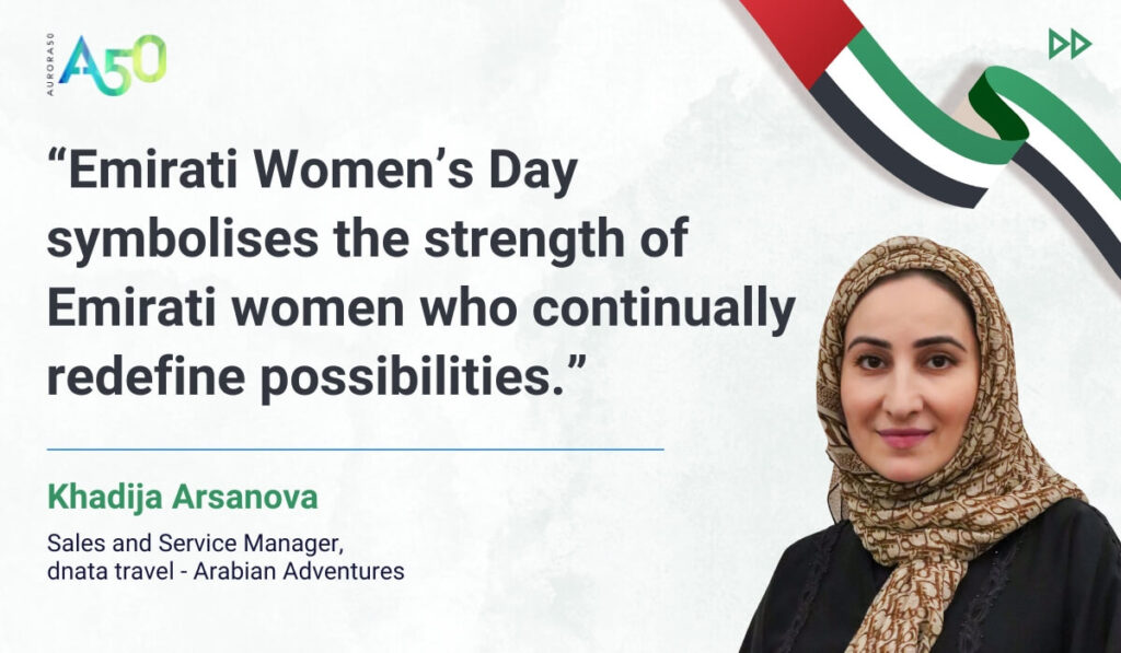 Image for blog post: Aurora50's change-makers celebrate Emirati Women's Day. “Emirati Women’s Day symbolises the strength of Emirati women who continually redefine possibilities.” Khadija Arsanova, Sales and Service Manager, dnata travel - Arabian Adventures Image contains Aurora50 logo and UAE flag ribbon