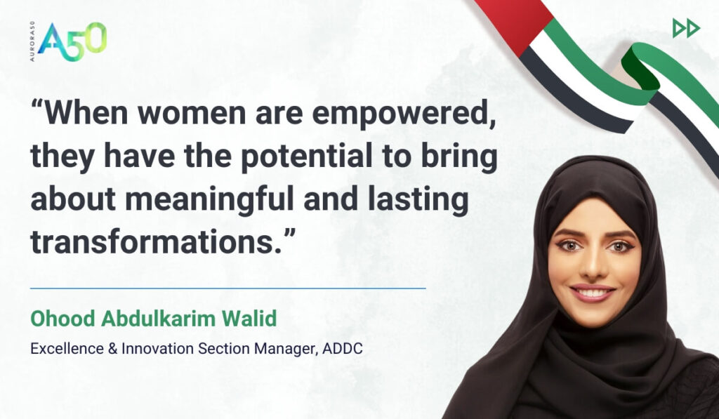 Image for blog post: Aurora50's change-makers celebrate Emirati Women's Day. “When women are empowered, they have the potential to bring about meaningful and lasting transformations.” Ohood Abdulkarim Walid, Excellence & Innovation Section Manager, ADDC Image contains Aurora50 logo and UAE flag ribbon