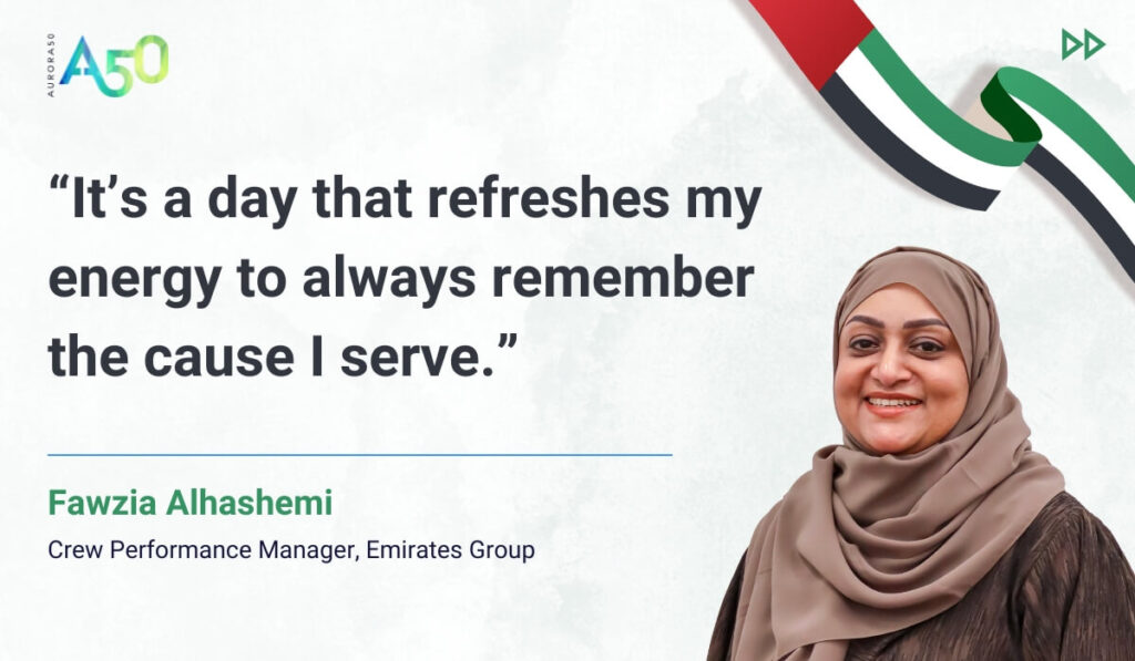 Image for blog post: Aurora50's change-makers celebrate Emirati Women's Day. “It’s a day that refreshes my energy to always remember the cause I serve.” Fawzia Alhashemi, Crew Performance Manager, Emirates Group Image contains Aurora50 logo and UAE flag ribbon