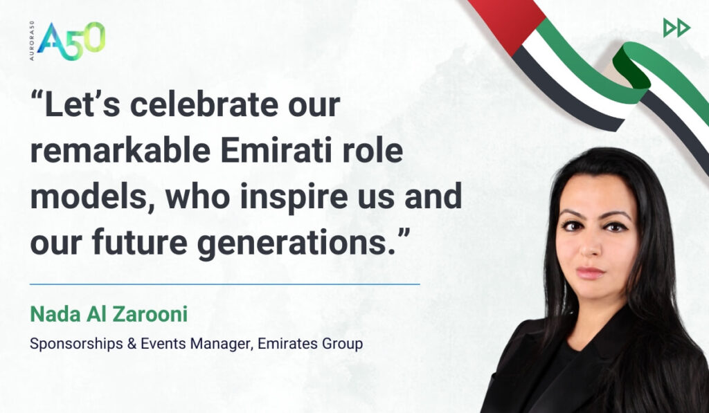 Image for blog post: Aurora50's change-makers celebrate Emirati Women's Day. “Let’s celebrate our remarkable Emirati role models, who inspire us and our future generations.” Nada Al Zarooni, Sponsorships & Events Manager, Emirates Group Image contains Aurora50 logo and UAE flag ribbon