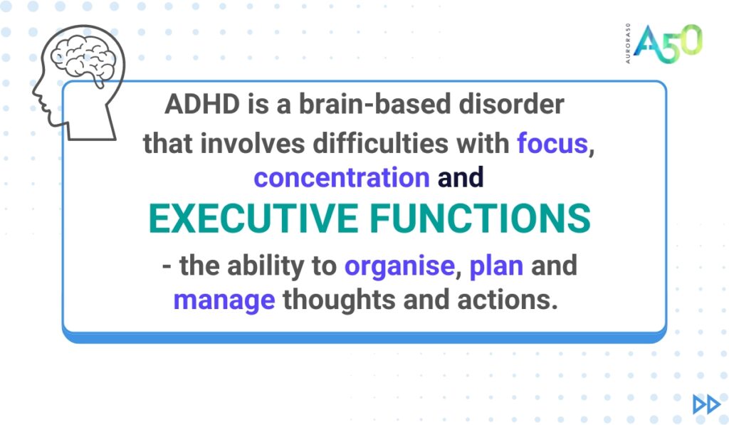 Graphic combining the Arora50 logo, an arrow, an illustration of the brain inside a human head and the text "ADHD is a brain-based disorder that involves difficulties with focus, concentration, and ‘executive functions’ - the ability to organise, plan and manage thoughts and actions. "