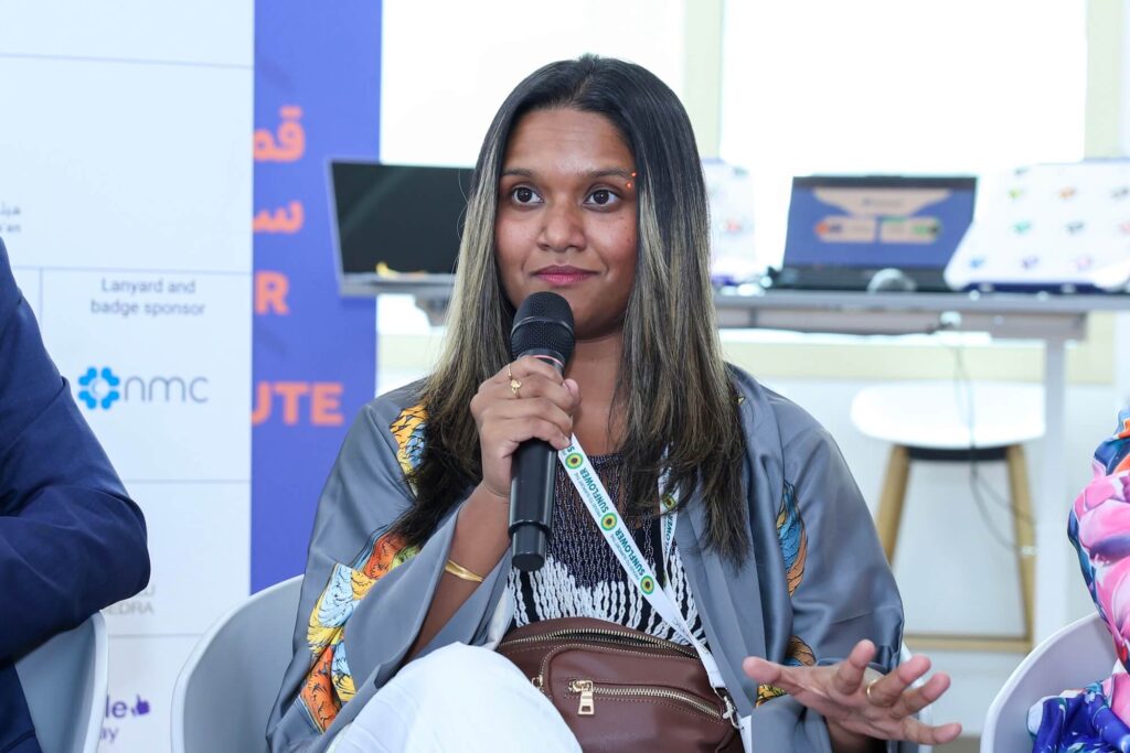 Afrah Mir of the Success and Wellbeing (S&W) Section of the Students Affairs Department at Sorbonne University, Abu Dhabi speaking at Aurora50’s Inclusive Workplaces Summit 2024 at Zayed Higher Organization in Abu Dhabi on Preparing POD for Employment.