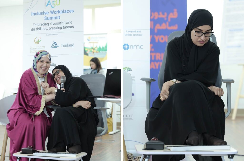 Pictured left: Dr Fatma Ridene, Senior Vice President of Clinical Development at M42, with Mariam Bint Jaber, a Human Capital Officer at Amana Medical and Rehabilitation Hospital LLC - Al Ain Branch, at Aurora50's Inclusive Workplaces Summit in November 2024. Pictured right: Mariam Bint Jaber types with her feet.