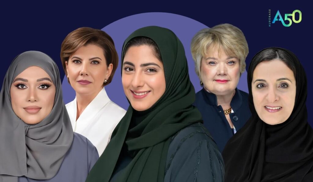 Aurora50's Advisory Council: Pictured from L-R: HE Dr Maryam AlSuwaidi, Elissar Antonios, HH Sheikha Shamma bint Sultan bin Khalifa Al Nahyan, Professor Dame Heather McGregor and HE Sheikha Lubna Al Qasimi. Top right is the Aurora50 logo.