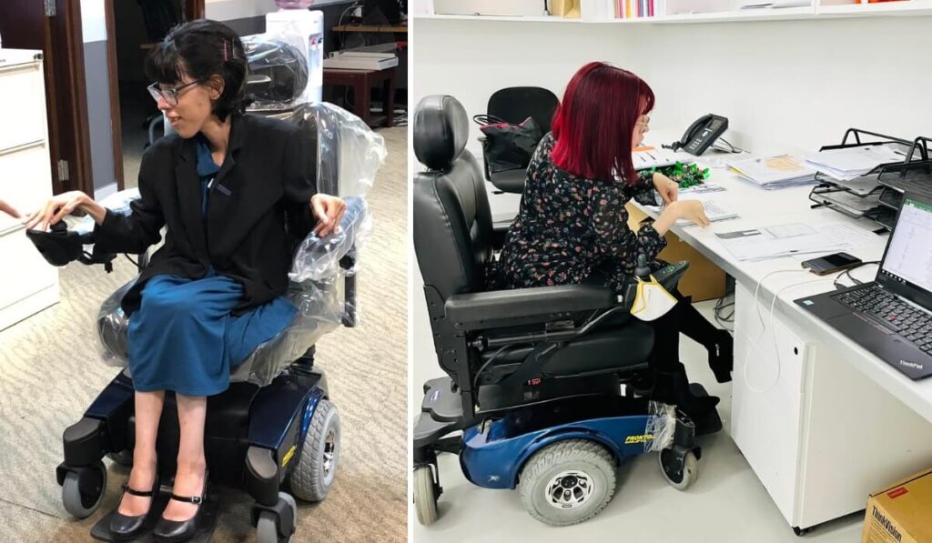 Noura Farag, Learning & Development Administrator at Conrad Abu Dhabi (who spoke at Aurora50's Inclusive Workplaces Summit at Zayed Higher Organization in November 2024) in supplied pictures of her gifted powerchair.