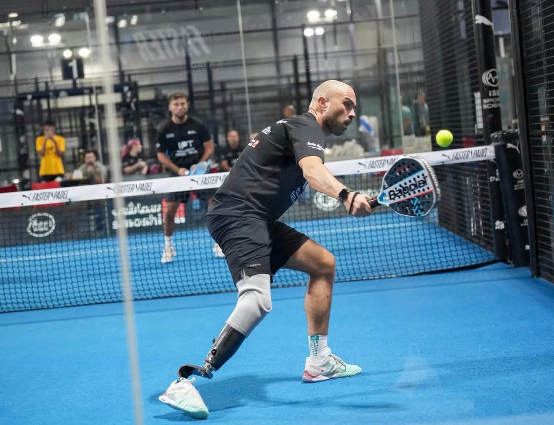 ISD Padel's Inclusive Padel Tour at Dubai Sports City in November 2024. Picture shows two players mid-game, one non-disabled and one with an artificial leg. Photo courtesy of Instagram @isdpadel