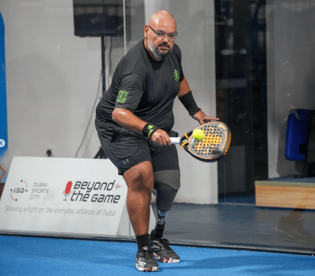 Ahmed Mehaya competing in ISD Padel's Inclusive Padel Tour at Dubai Sports City in November 2024. Mr Mehaya was a speaker at Aurora50's Inclusive Workplaces Summit 2024. Photo courtesy of Instagram @isdpadel