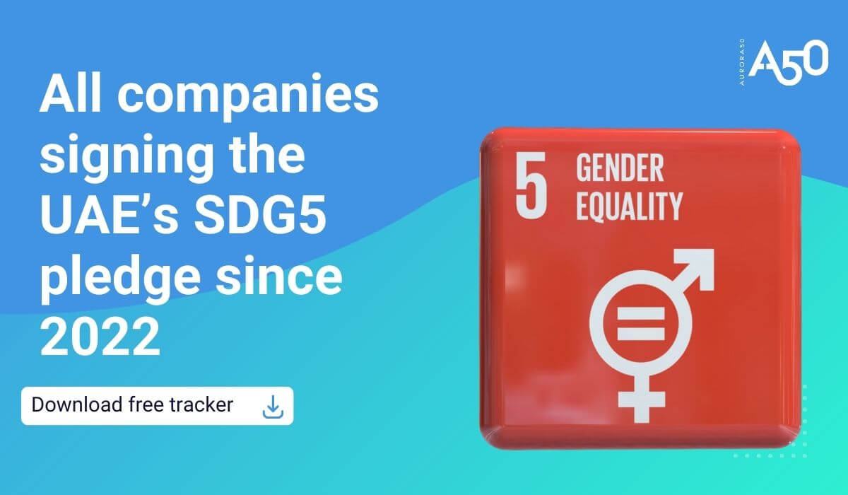 Graphic shows UN's SDG5 gender equality logo and AUrora50 logo with text 