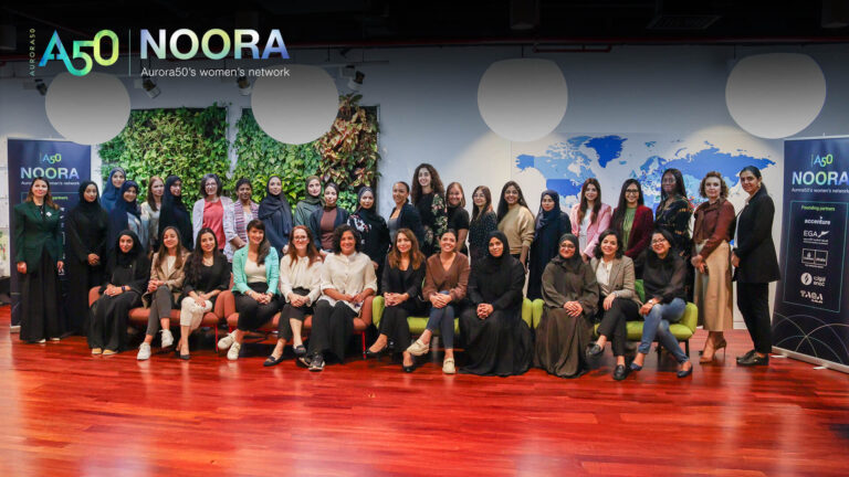 A photo from Aurora50's NOORA women's network (with logo) from a meet-up on 9 January 2025. The workshop focused on social capital and two male allies were invited to attend. In this photo, the group of 35 women gathers for a staged group photo.