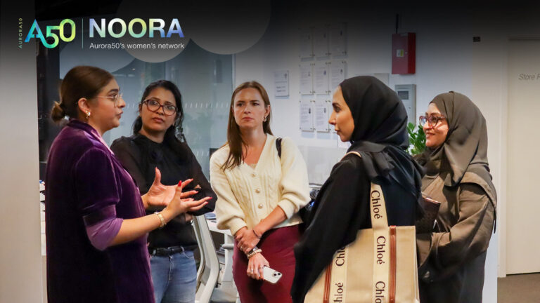 A photo from Aurora50's NOORA women's network (with logo) from a meet-up on 9 January 2025. The workshop focused on social capital and two male allies were invited to attend. In this photo, five women network.