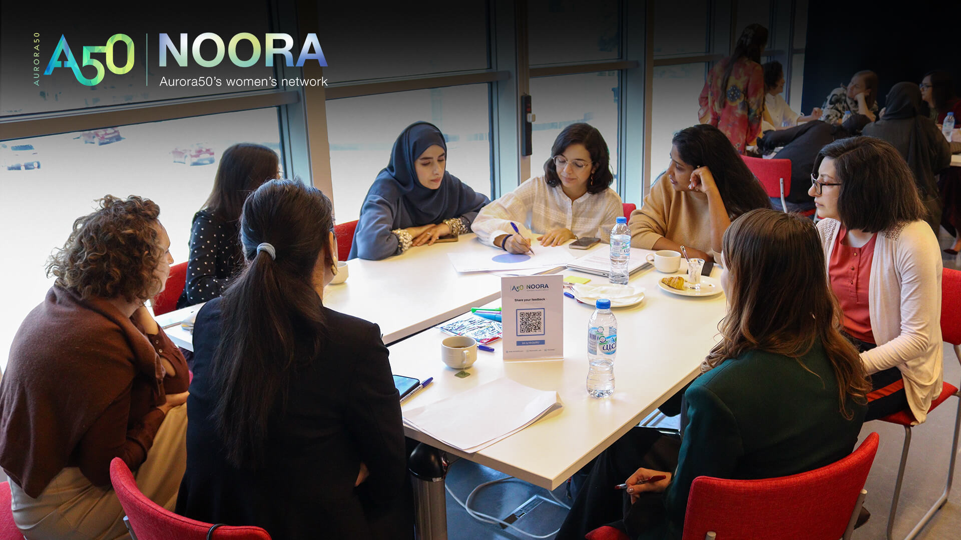 A photo from Aurora50's NOORA women's network (with logo) from a meet-up on 9 January 2025. The workshop focused on social capital and two male allies were invited to attend. In this photo, eight women gather around a table to work on an exercise.