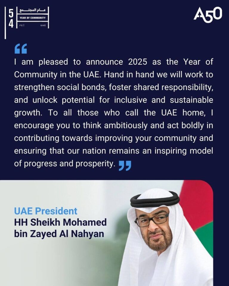 Graphic shows Aurora50 logo, logo for the UAE Year of Community, headshot of UAE President HH Sheikh Mohamed bin Zayed Al Nahyan and a related quote from him: "I am pleased to announce 2025 as the Year of Community in the UAE. Hand in hand we will work to strengthen social bonds, foster shared responsibility, and unlock potential for inclusive and sustainable growth. To all those who call the UAE home, I encourage you to think ambitiously and act boldly in contributing towards improving your community and ensuring that our nation remains an inspiring model of progress and prosperity."