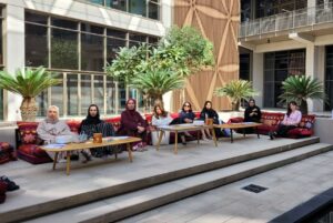 Aurora50 NOORA workshop on returning to work after extended leave, and networking session, in the gardens of Birmingham University Dubai on 11 February 2025. L-R Haifa Al Shahrani, Govt & International Affairs Administrative Coordinator, ENOC; Maitha Al Suwaidi, Head of Finance & Risk Compliance, ENOC; Manar Al Ramhi, NRL ICAD Molecular Diagnostics, M42; Nada Chreih, Senior Associate, TAQA; Aseel Moosa, Manager Enterprise Effectiveness, Emirates; Marwa AlRamsi, Senior Engineer, TAQA; Khulood AlMarri, Financial Accountant, TAQA; and Saskia Vulturius, Project Manager, Emirates.