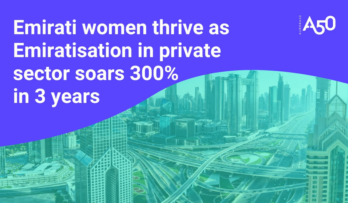 Graphic for blog post: Aurora50 logo and photo of Dubai skyline from above focusing on Sheikh Zayed Road, with overlaid text: Emirati women thrive as Emiratisation in private sector soars 300% in 3 years