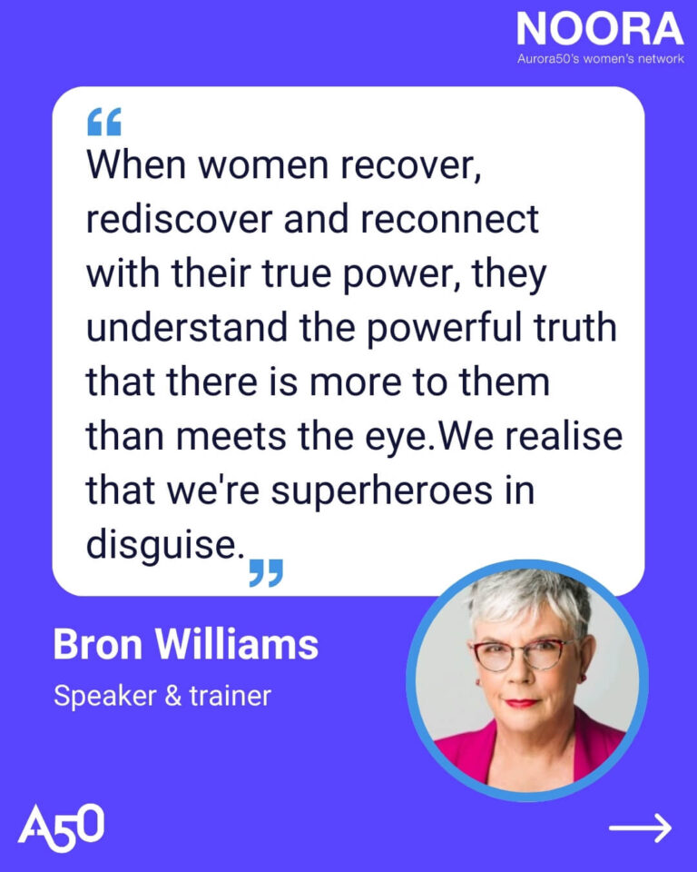 Graphic for Aurora50 blog post 'Women as Superheroes' shows Aurora50 logo and NOORA - 'Aurora50's women's network' logo. The image is a quote from Bron Williams, which reads: “When women recover, rediscover and reconnect with their true power, they understand the powerful truth that there is more to them than meets the eye. We realise that we're superheroes in disguise.” The graphic includes a photo of Bron Williams with the text Bron Williams, Speaker & trainer.