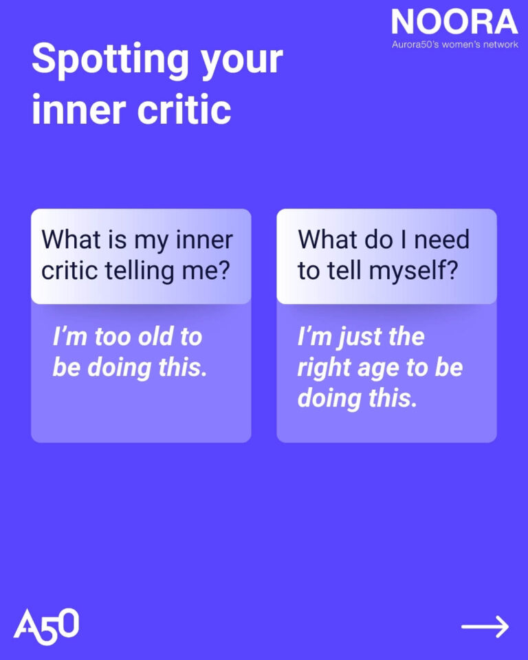 Graphic for Aurora50 blog post 'Women as Superheroes' shows Aurora50 logo and NOORA - 'Aurora50's women's network' logo with headline 'Spotting your inner critic'. The graphic is of a table with two column headings. The first reads "What is my inner critic telling me?", with one example listed below - "I'm too old to be doing this." The second reads "What do I need to tell myself?", with one example listed below in italics - "I'm just the right age to be doing this."