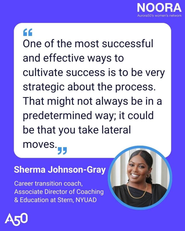 Blog post graphic shows Aurora50 and NOORA logos with strapline Aurora50's women's network with the quote 'One of the most successful and effective ways to cultivate success is to be very strategic about the process. That might not always be in a predetermined way; it could be that you take lateral moves.' and a headshot of Sherma Johnson-Gray with the text 'Sherma Johnson-Gray, Career transition coach, Associate Director of Coaching & Education at Stern, NYUAD'.